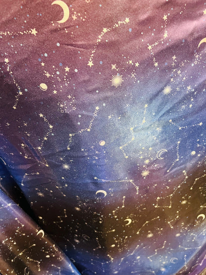 Celestial design print on ombré  all over foil metallic nylon spandex 4-way stretch 58/60” Sold by the YD. Ships Worldwide
