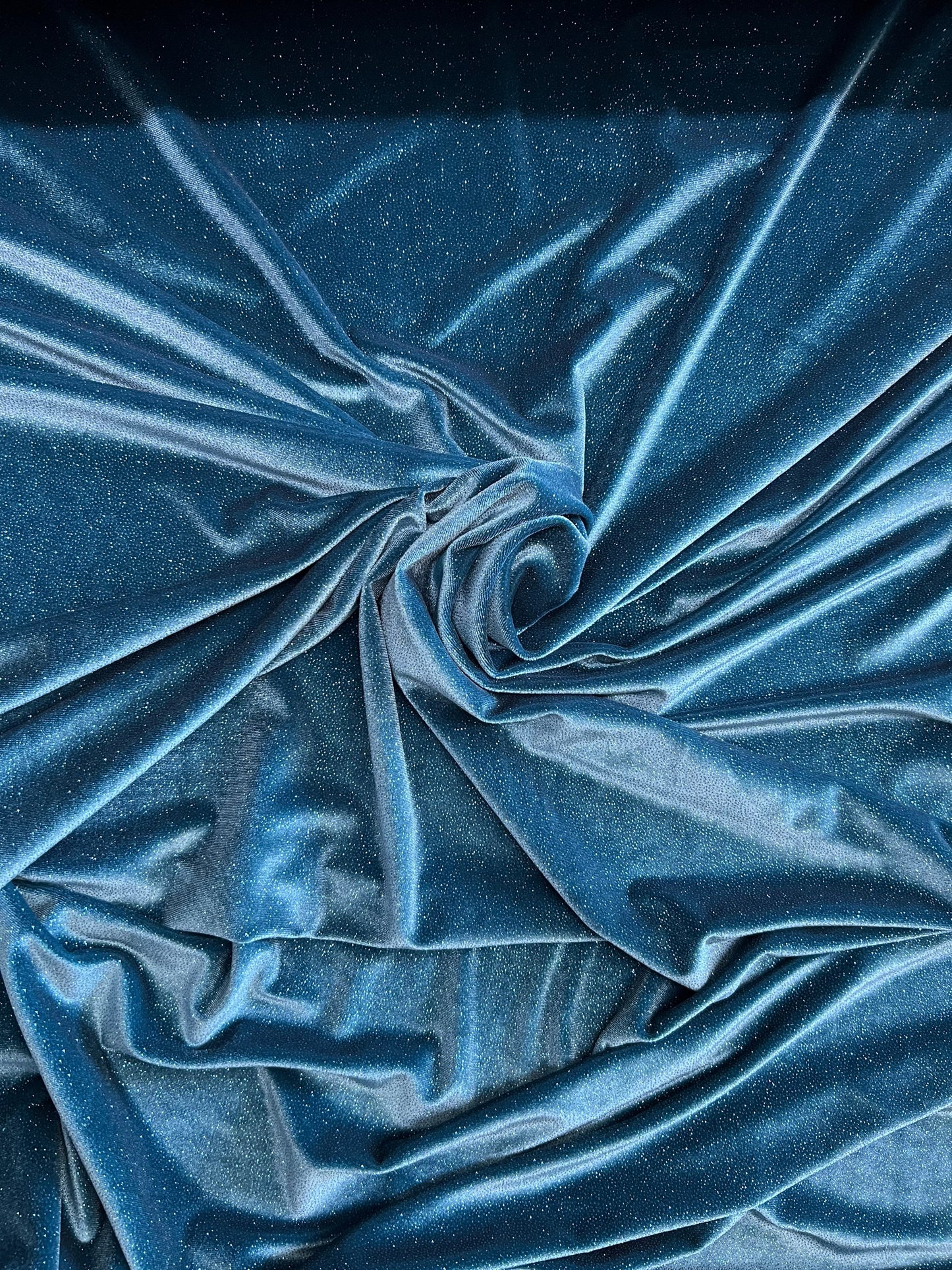 Luxury glitter velvet Teal/Teal best quality of stretch velvet 4-way stretch 58/60” Sold by the YD. Ships Worldwide from Los Angeles CA.