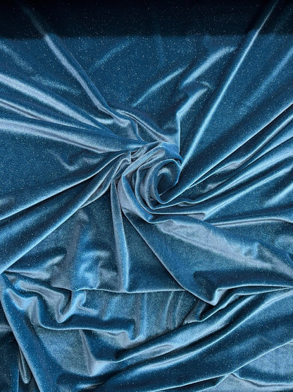 Luxury glitter velvet Teal/Teal best quality of stretch velvet 4-way stretch 58/60” Sold by the YD. Ships Worldwide from Los Angeles CA.