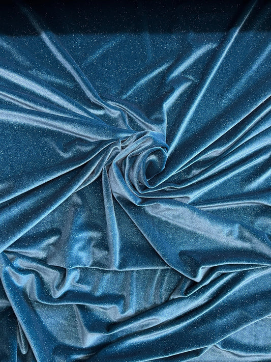 Luxury glitter velvet Teal/Teal best quality of stretch velvet 4-way stretch 58/60” Sold by the YD. Ships Worldwide from Los Angeles CA.