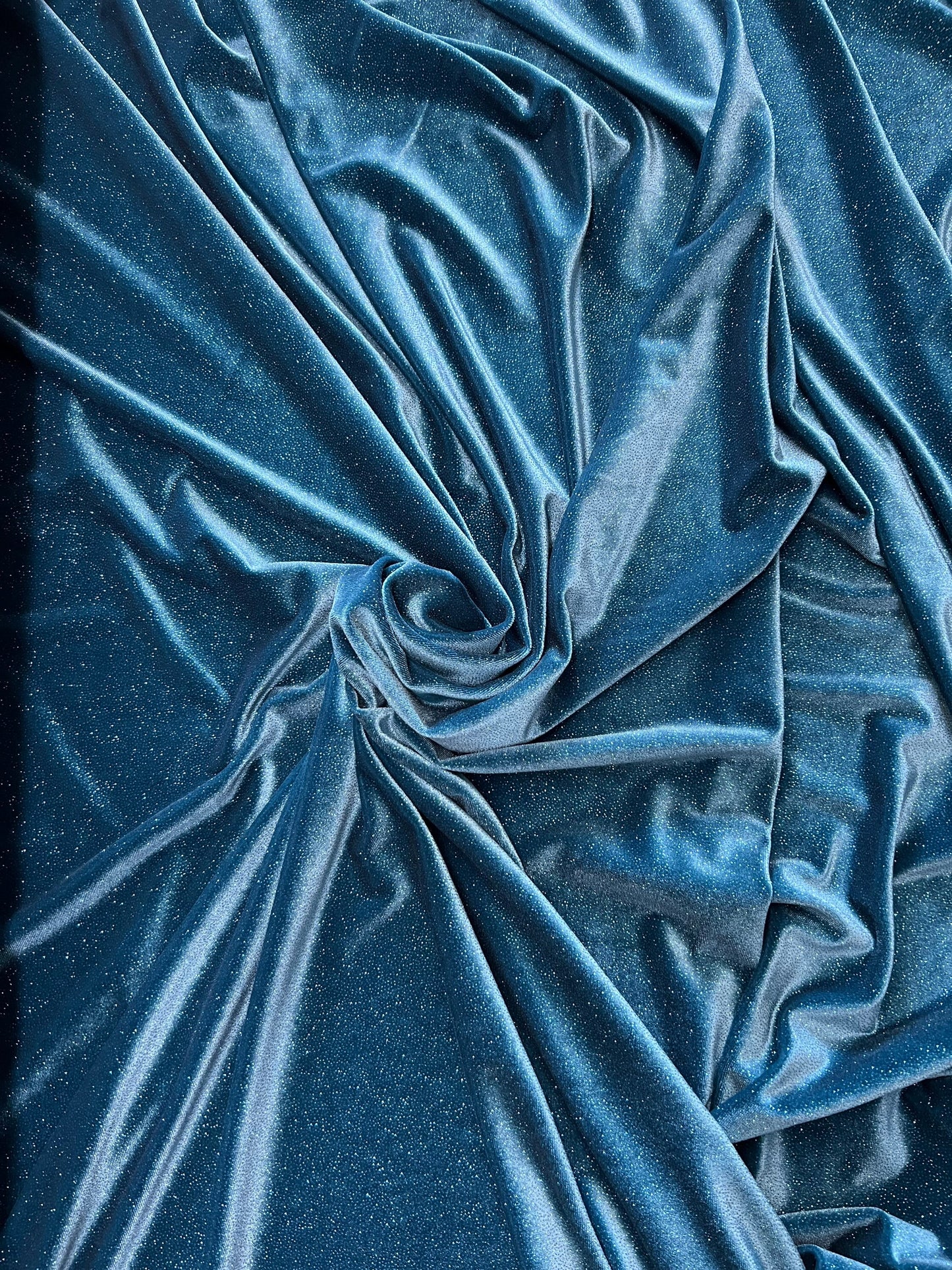 Luxury glitter velvet Teal/Teal best quality of stretch velvet 4-way stretch 58/60” Sold by the YD. Ships Worldwide from Los Angeles CA.