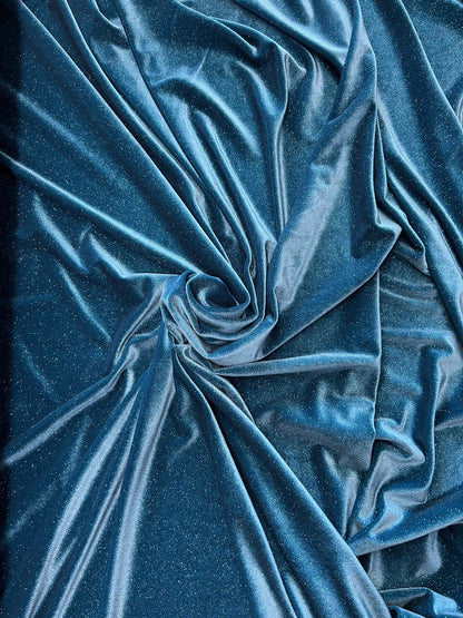 Luxury glitter velvet Teal/Teal best quality of stretch velvet 4-way stretch 58/60” Sold by the YD. Ships Worldwide from Los Angeles CA.