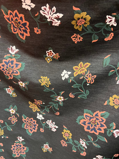 New floral design print on stretch Black denim 2-way stretch 58/60 Sold by the YD. Ships Worldwide from Los Angeles California USA