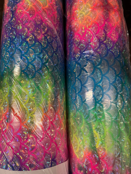 Rainbow mermaid design hologram metallic Nylon spandex 4-way stretch 58/60” Sold by the YD.
