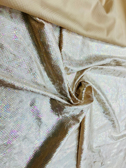 Dragon skin design metallic stretch velvet with ilusión foil nude color 4-way stretch 58/60” Sold by the YD. Ships Worldwide from Los CA