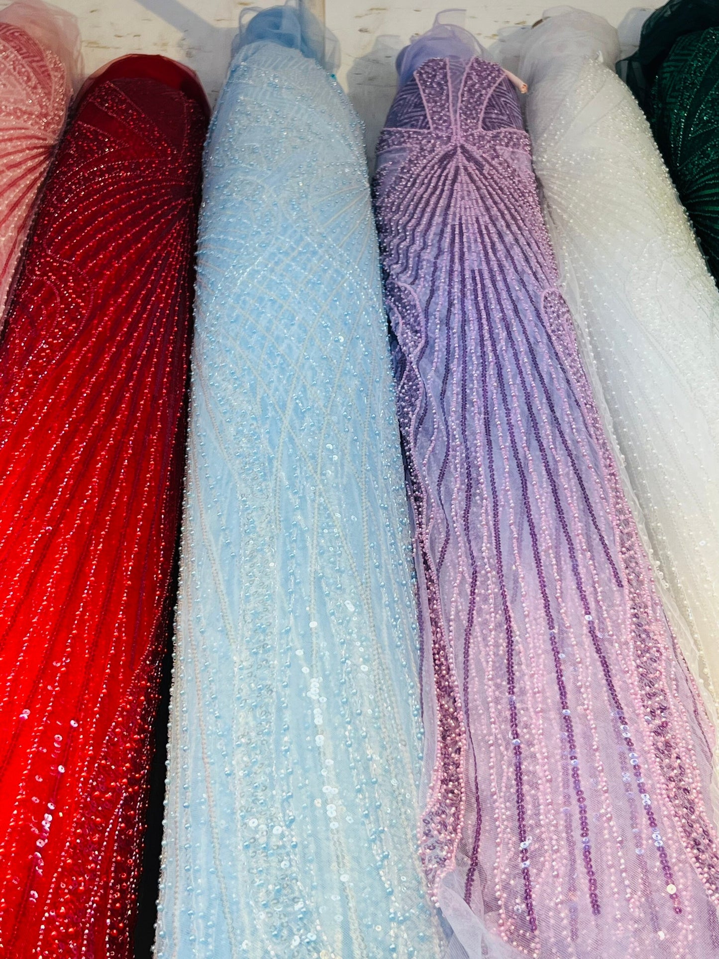 New Jennifer design beaded lace luxury design embroidered on stretch mesh 2-way 55/57” Sold by the YD. Ships Worldwide from Los Angeles Cali
