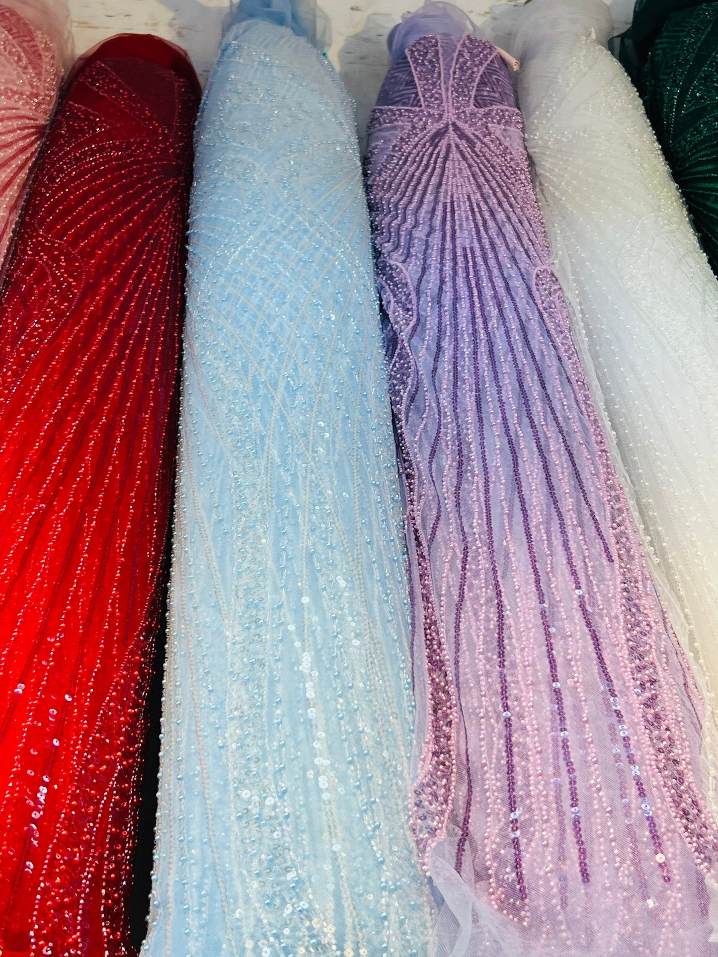 New Jennifer design beaded lace luxury design embroidered on stretch mesh 2-way 55/57” Sold by the YD. Ships Worldwide from Los Angeles Cali