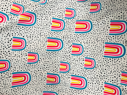 New abstract design white/rainbow print on great quality of Nylon Spandex 4-way stretch 58/60” Sold by the YD. Ships Worldwide from L.A