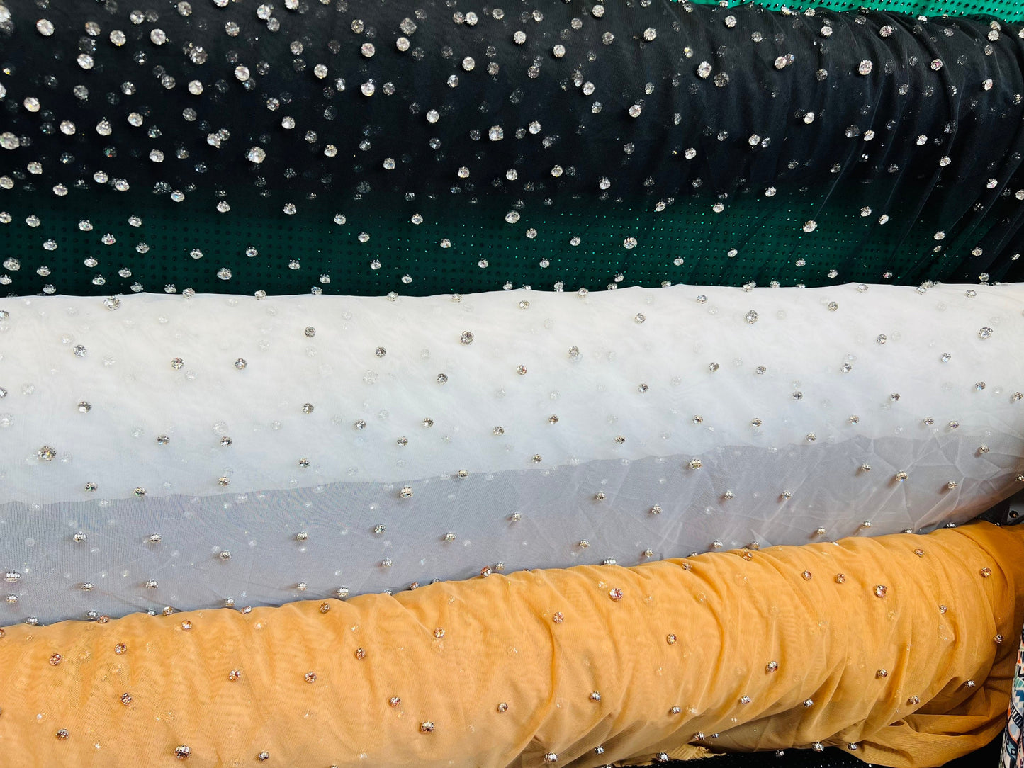Luxury Diamond Rhinestone design on stretch power mesh 4-way stretch 58/60” Sold by the YD. Ships Worldwide from Los Angeles California USA