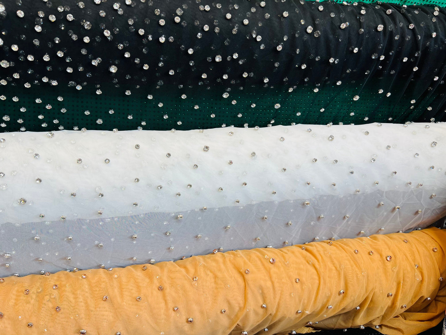 Luxury Diamond Rhinestone design on stretch power mesh 4-way stretch 58/60” Sold by the YD. Ships Worldwide from Los Angeles California USA