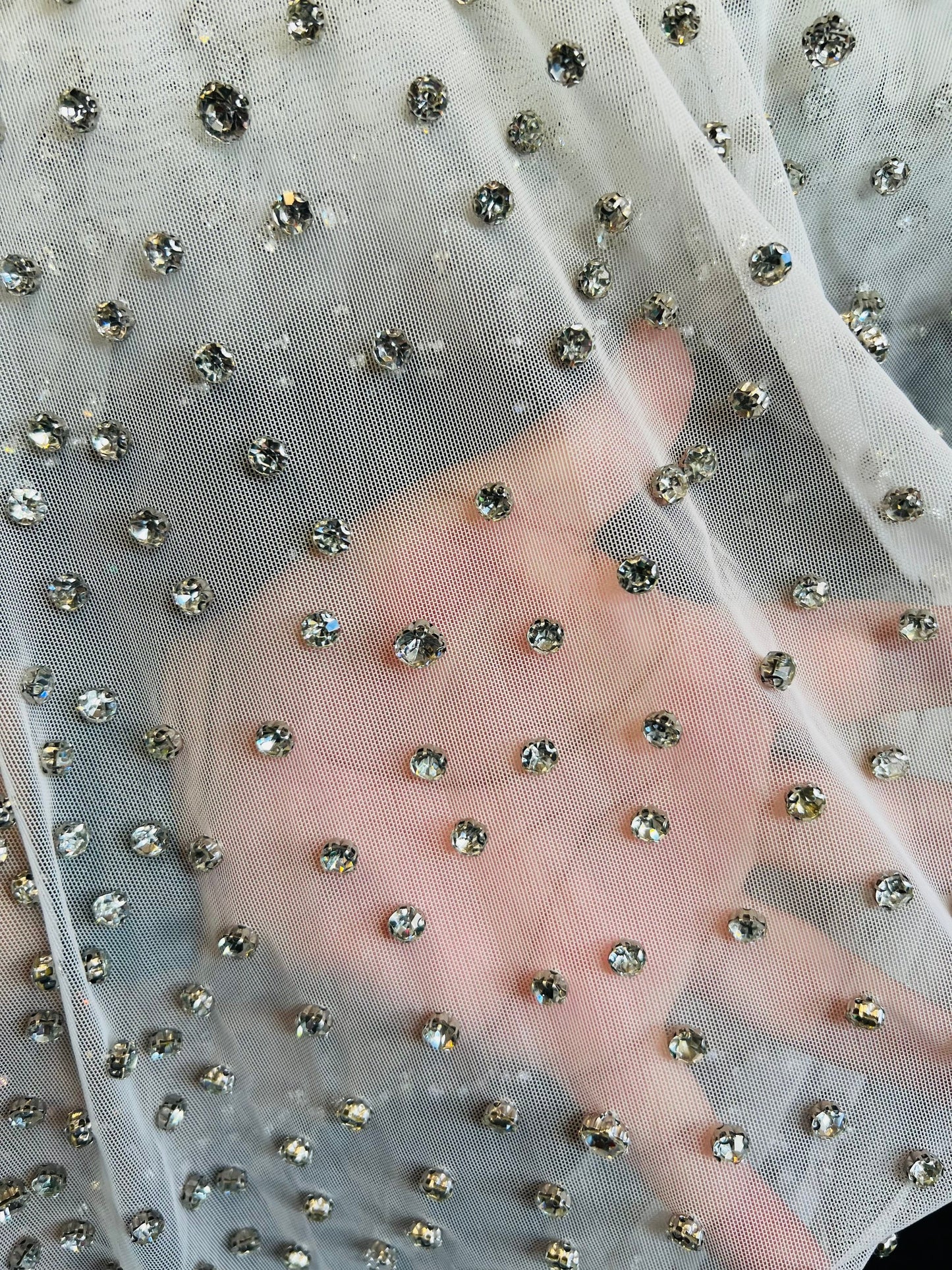 Luxury Diamond Rhinestone design on stretch power mesh 4-way stretch 58/60” Sold by the YD. Ships Worldwide from Los Angeles California USA