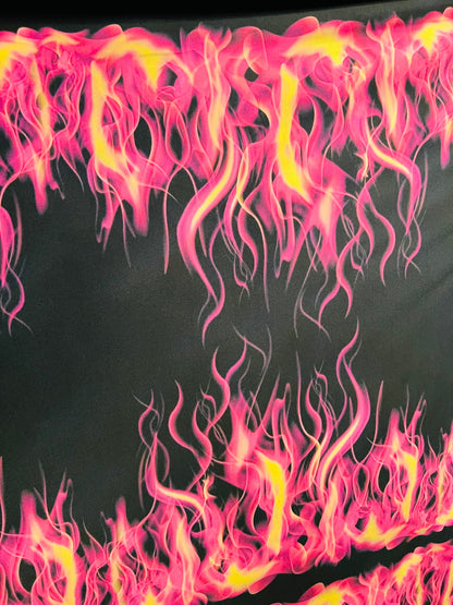 Flames design Black/pink fire print on great quality of Poly spandex 4-way stretch 58/60” Sold by the YD. Ships Worldwide from Los Angeles