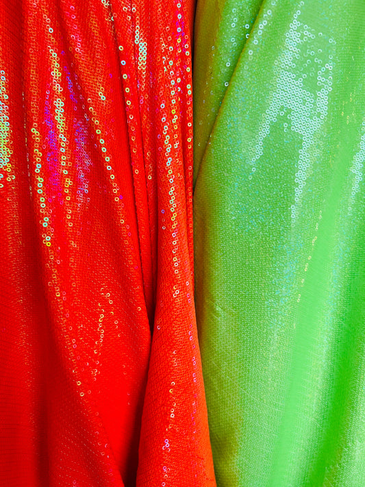 New neon colors iridescent mini sequins design embroidered on spandex base 2-way stretch 58/60” Sold by the YD. Ships Worldwide from L.A