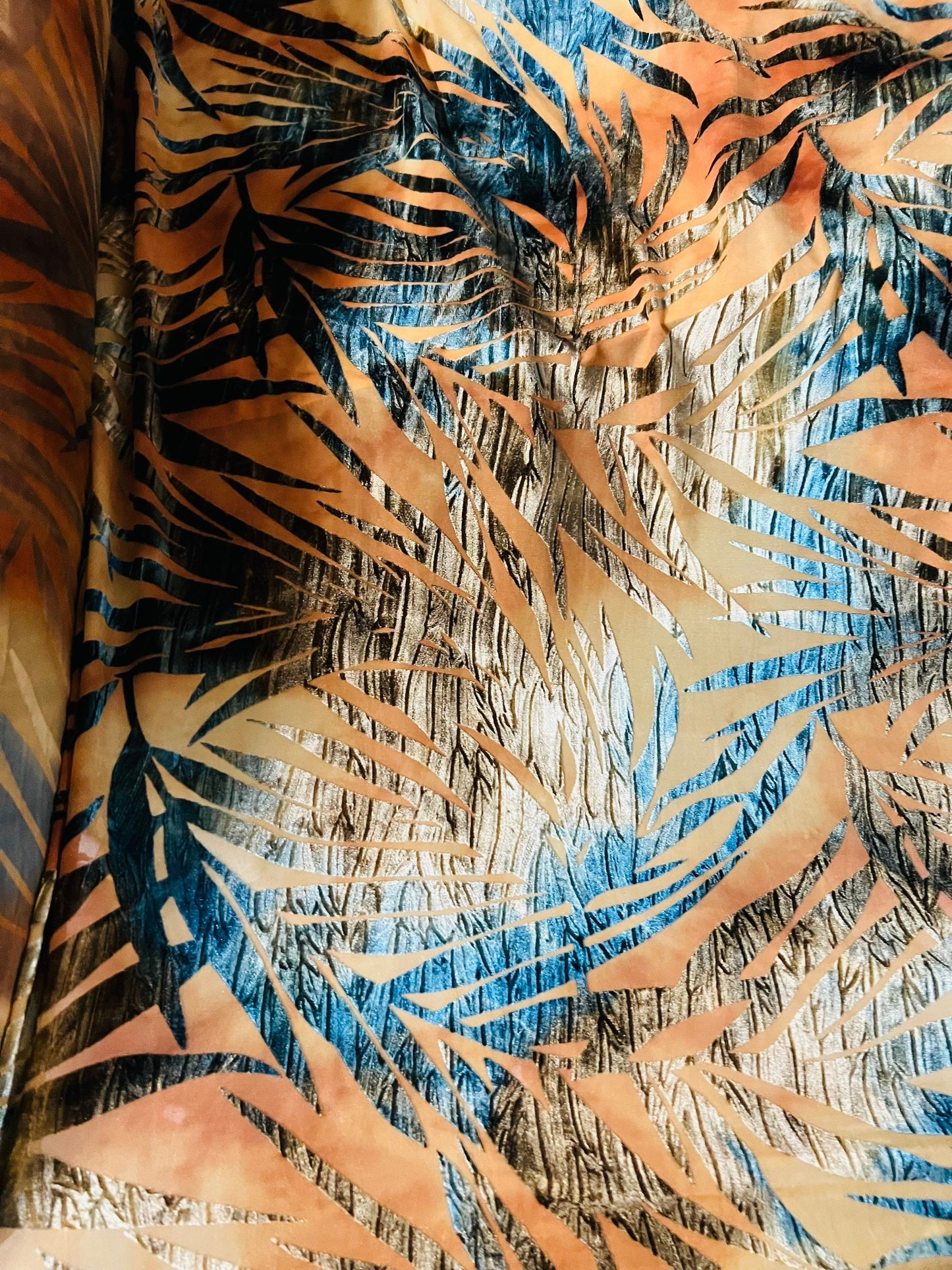 Luxury burnout stretch velvet leaves design tie dye velvet 4-way stretch 58/60” Sold by the YD. Ships Worldwide from Los Angeles California