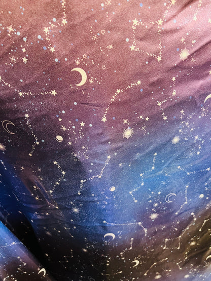 Celestial design print on ombré  all over foil metallic nylon spandex 4-way stretch 58/60” Sold by the YD. Ships Worldwide