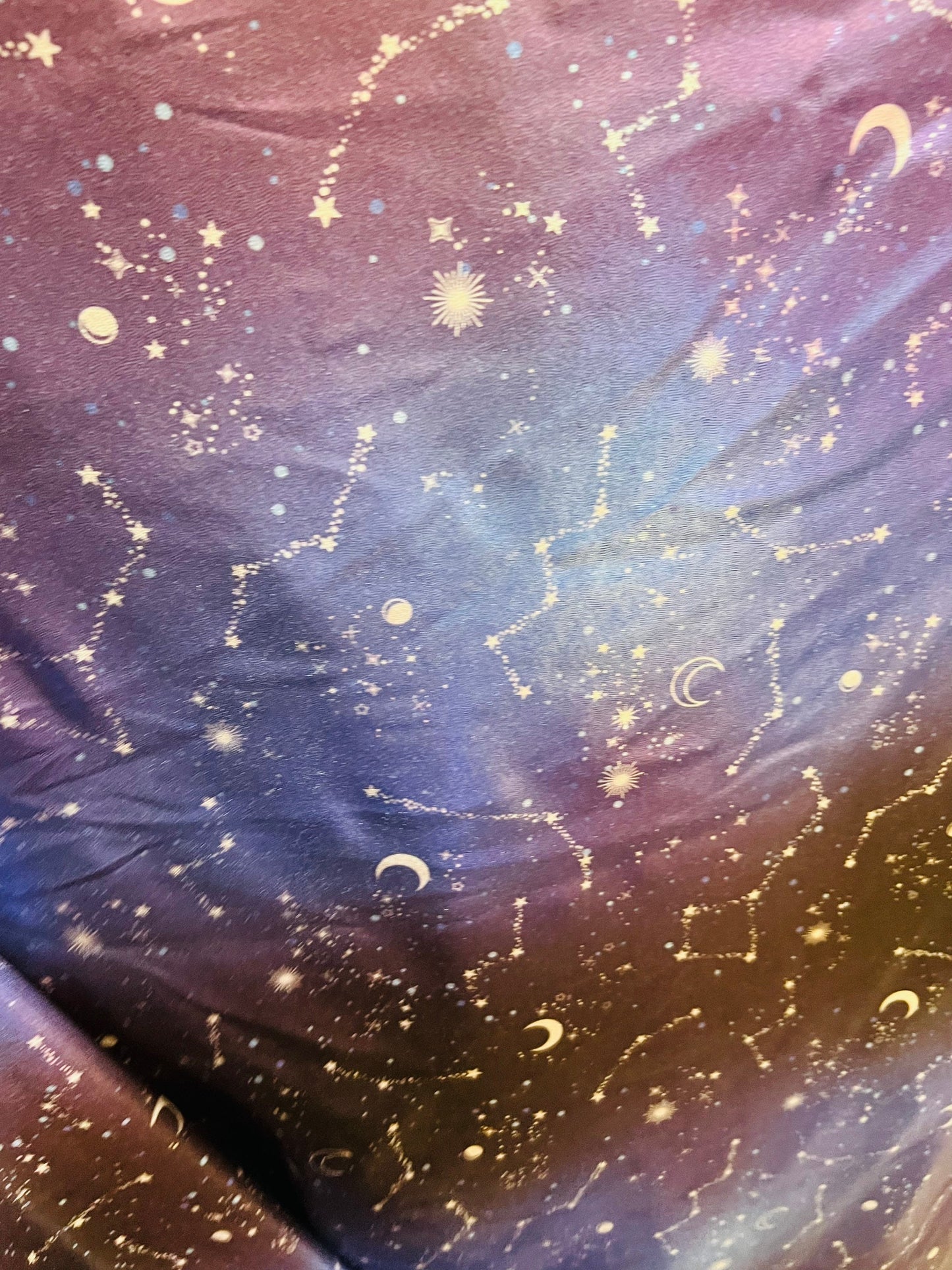 Celestial design print on ombré  all over foil metallic nylon spandex 4-way stretch 58/60” Sold by the YD. Ships Worldwide