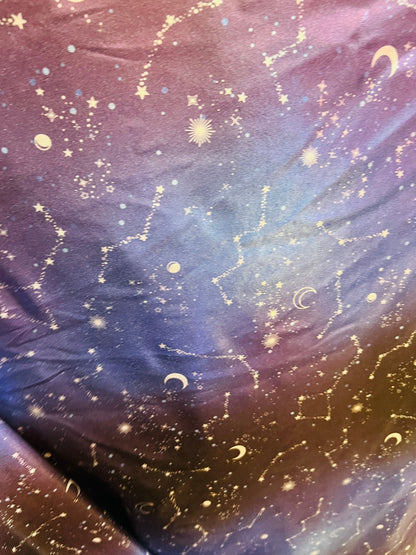 Celestial design print on ombré  all over foil metallic nylon spandex 4-way stretch 58/60” Sold by the YD. Ships Worldwide