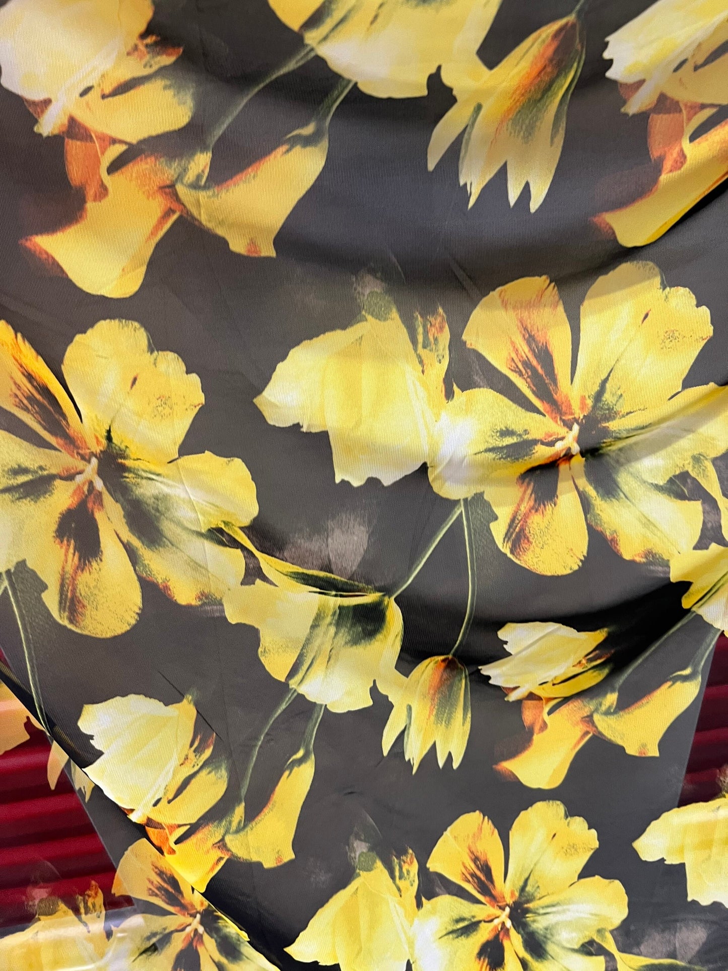 New Romantic Yellow flower design print on great quality of power mesh 4-way stretch 58/60”