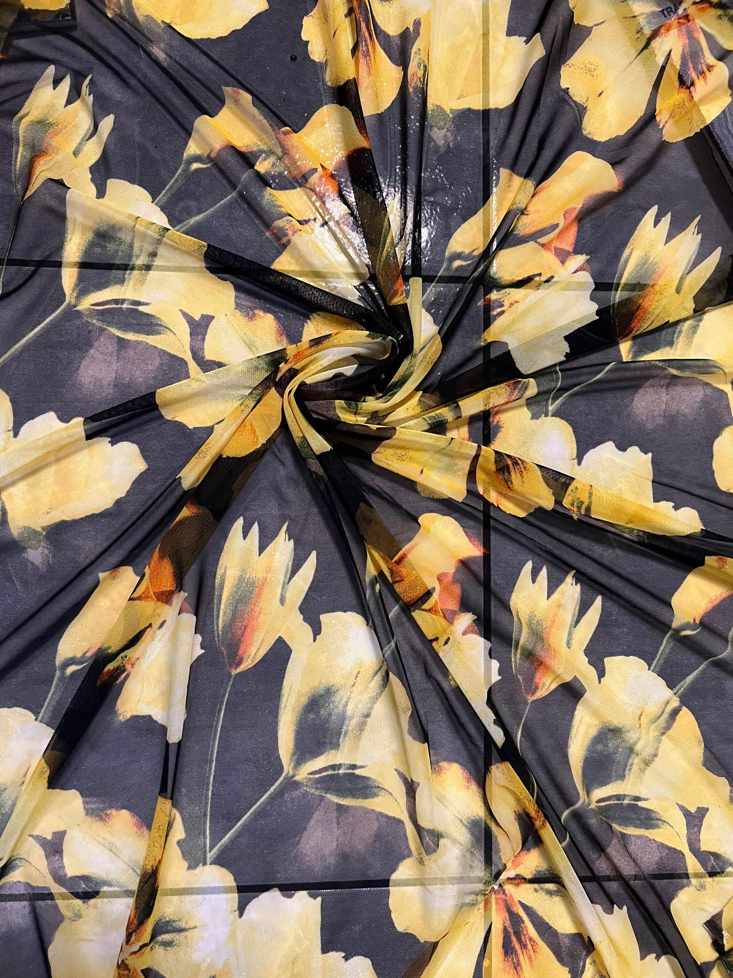 New Romantic Yellow flower design print on great quality of power mesh 4-way stretch 58/60”