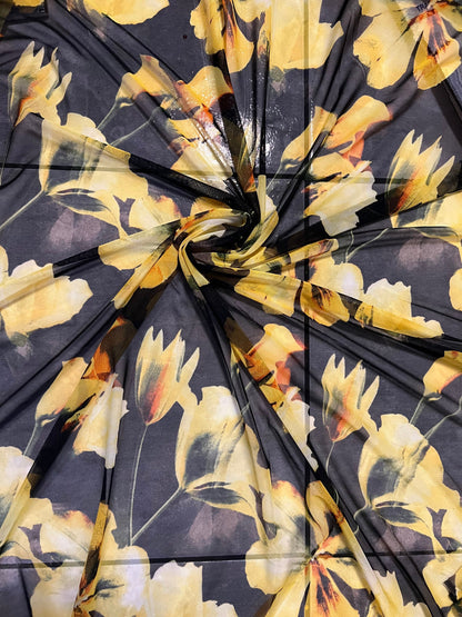 New Romantic Yellow flower design print on great quality of power mesh 4-way stretch 58/60”