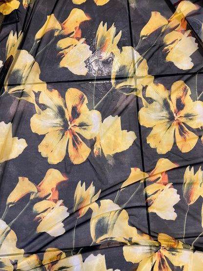 New Romantic Yellow flower design print on great quality of power mesh 4-way stretch 58/60”