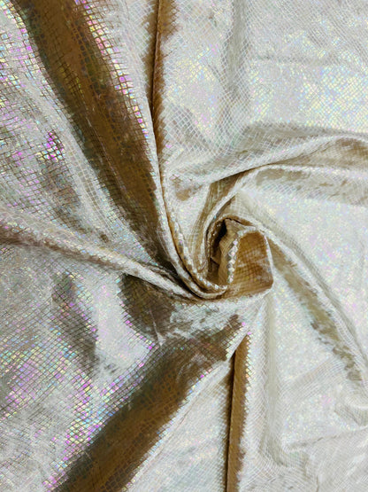 Dragon skin design metallic stretch velvet with ilusión foil nude color 4-way stretch 58/60” Sold by the YD. Ships Worldwide from Los CA