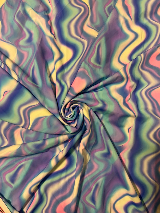 New lava abstract design lavender/ multicolor print on great quality of nylon spandex 4-way stretch 58/60” Sold by the YD. Ships Worldwide