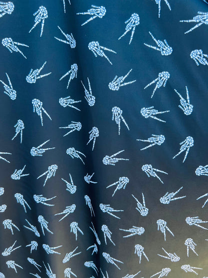 New Skeleton Hand design print on best quality of Nylon Spandex 4-way stretch 58/60” Sold by the YD. Ships Worldwide from Los Angeles CA.