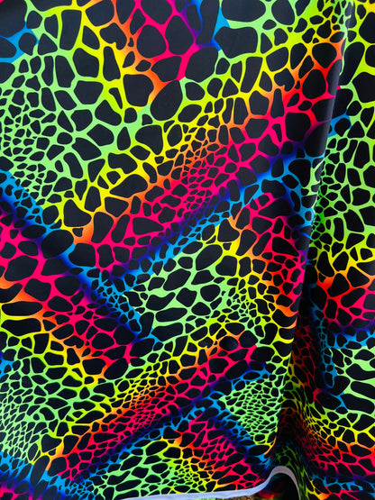 New Exotic Giraffe design rainbow color print on best quality of nylon spandex 4-way stretch 58/60” Sold by the YD. Ships Worldwide from L.A