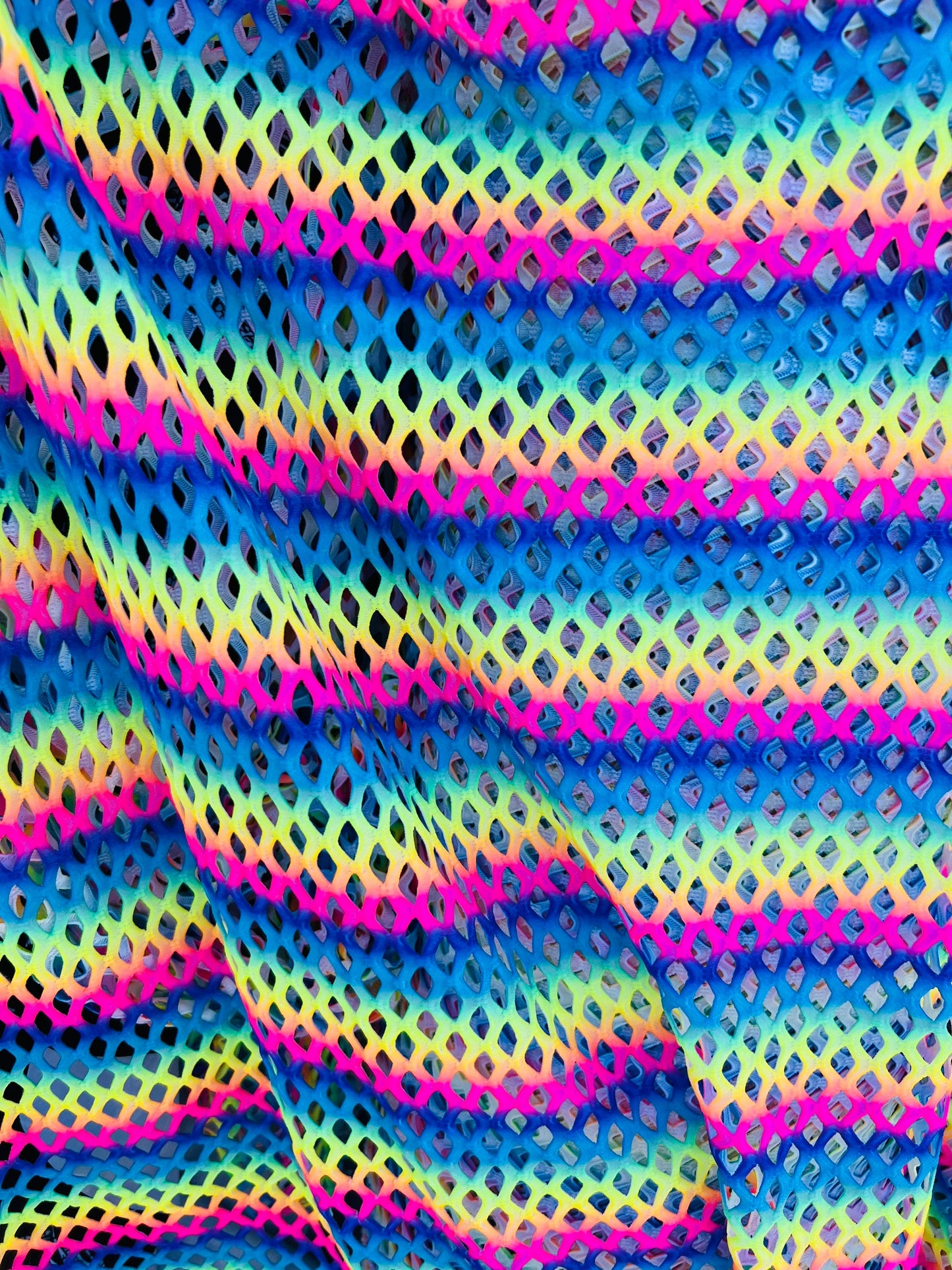 New Diamond fishnet rainbow design 4-way spandex fishnet 58/60” Sold by the YD. Ships Worldwide from Los Angeles California USA