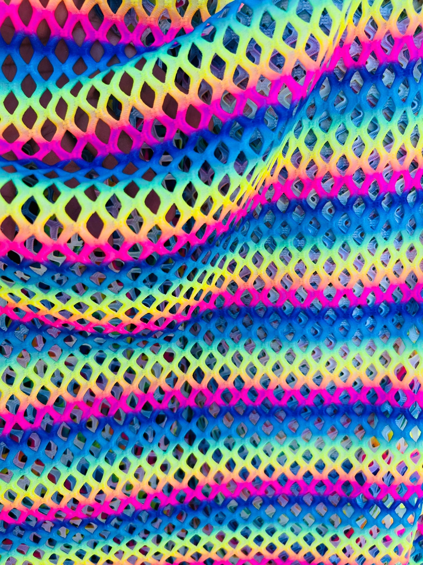 New Diamond fishnet rainbow design 4-way spandex fishnet 58/60” Sold by the YD. Ships Worldwide from Los Angeles California USA