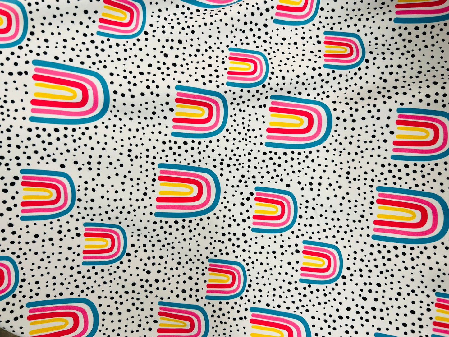 New abstract design white/rainbow print on great quality of Nylon Spandex 4-way stretch 58/60” Sold by the YD. Ships Worldwide from L.A