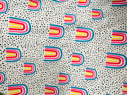 New abstract design white/rainbow print on great quality of Nylon Spandex 4-way stretch 58/60” Sold by the YD. Ships Worldwide from L.A