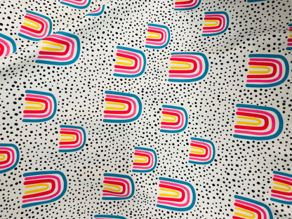 New abstract design white/rainbow print on great quality of Nylon Spandex 4-way stretch 58/60” Sold by the YD. Ships Worldwide from L.A