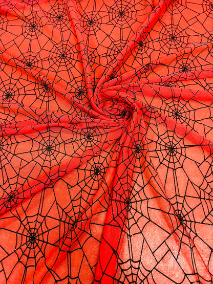 Spiderweb design red/black flocking stretch mesh 2-way stretch 58/60” Sold by the YD. Ships Worldwide from Los Ángeles California USA