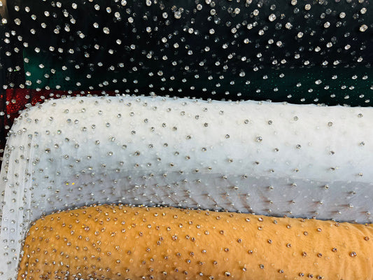 Luxury Diamond Rhinestone design on stretch power mesh 4-way stretch 58/60” Sold by the YD. Ships Worldwide from Los Angeles California USA