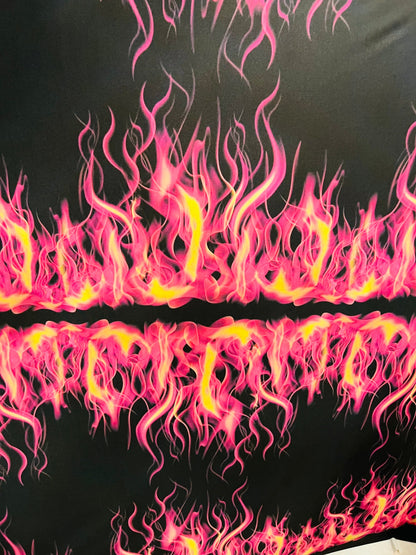 Flames design Black/pink fire print on great quality of Poly spandex 4-way stretch 58/60” Sold by the YD. Ships Worldwide from Los Angeles