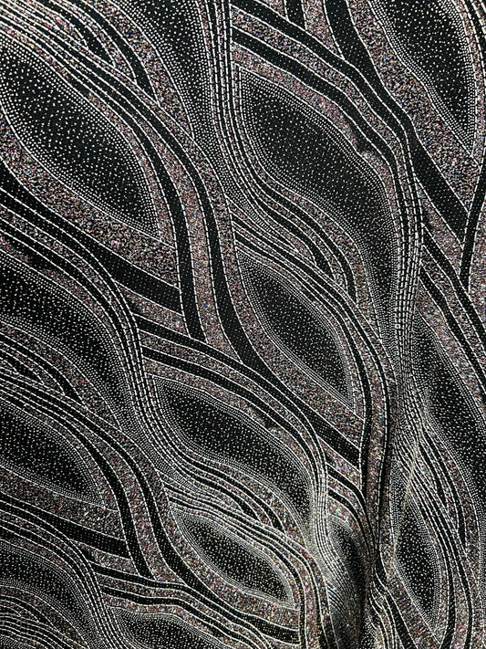 New abstract design metallic slinky 4-way stretch glitter fabric 58/60” Sold by the YD. Ships Worldwide from Los Angeles California USA.