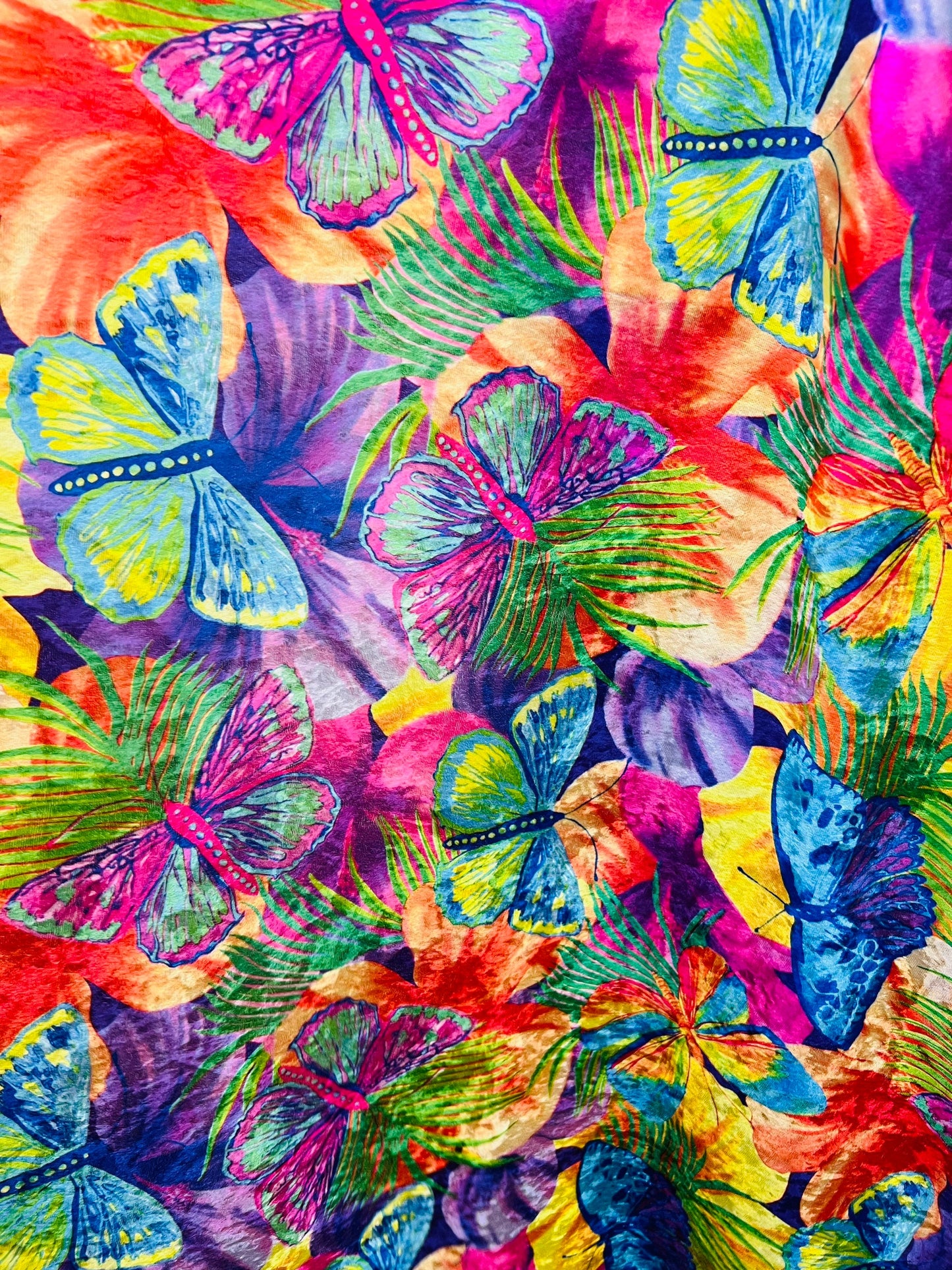 New Butterfly design Rainbow color print on poly velour stretch velvet 2-way stretch and nylon spandex 4way stretch 58/60” Sold by the YD.
