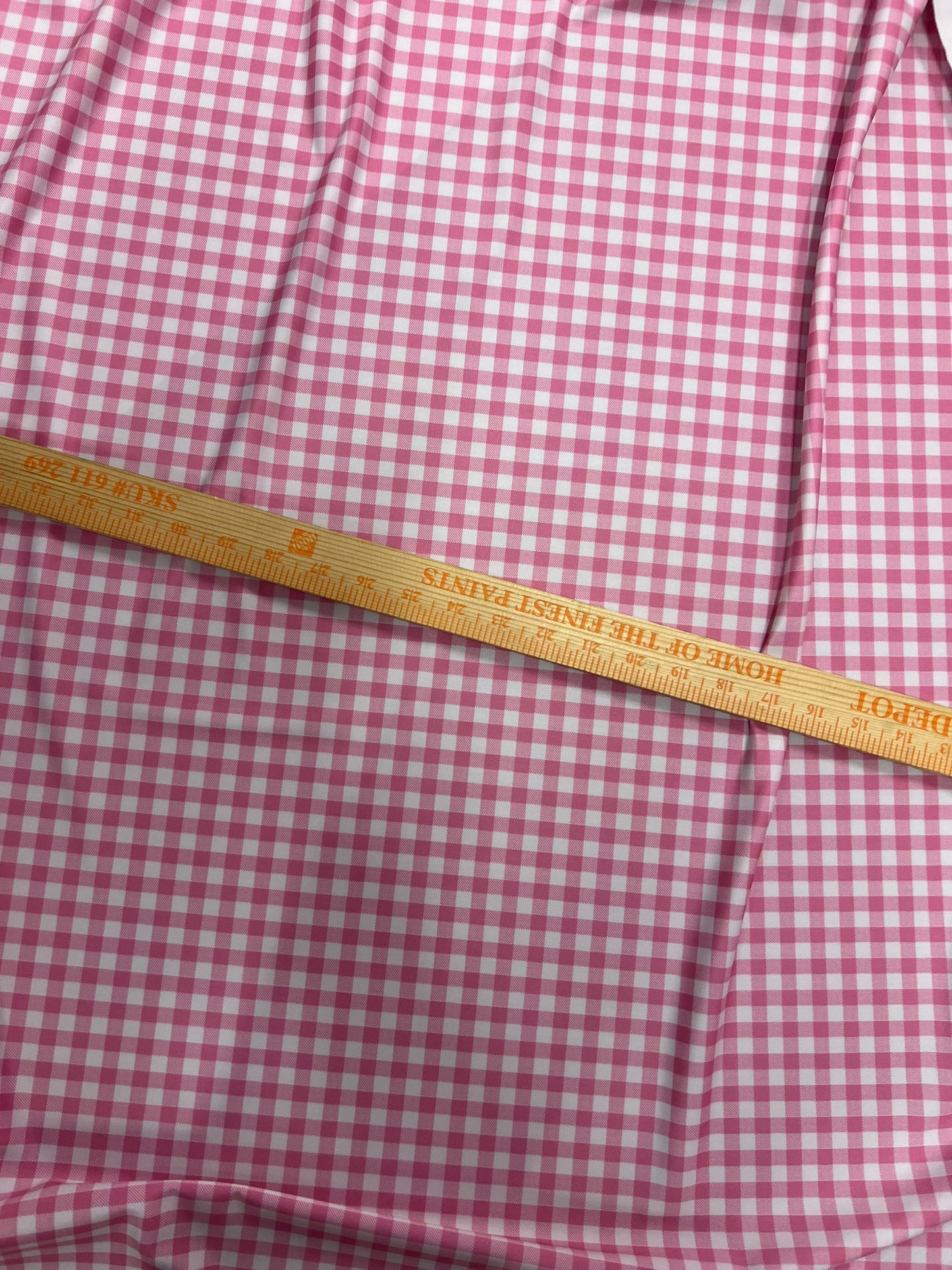 Gingham design pink Nylon spandex 4-way stretch 58/60”Sold by the YD. Ships Worldwide from Los Angeles California USA.