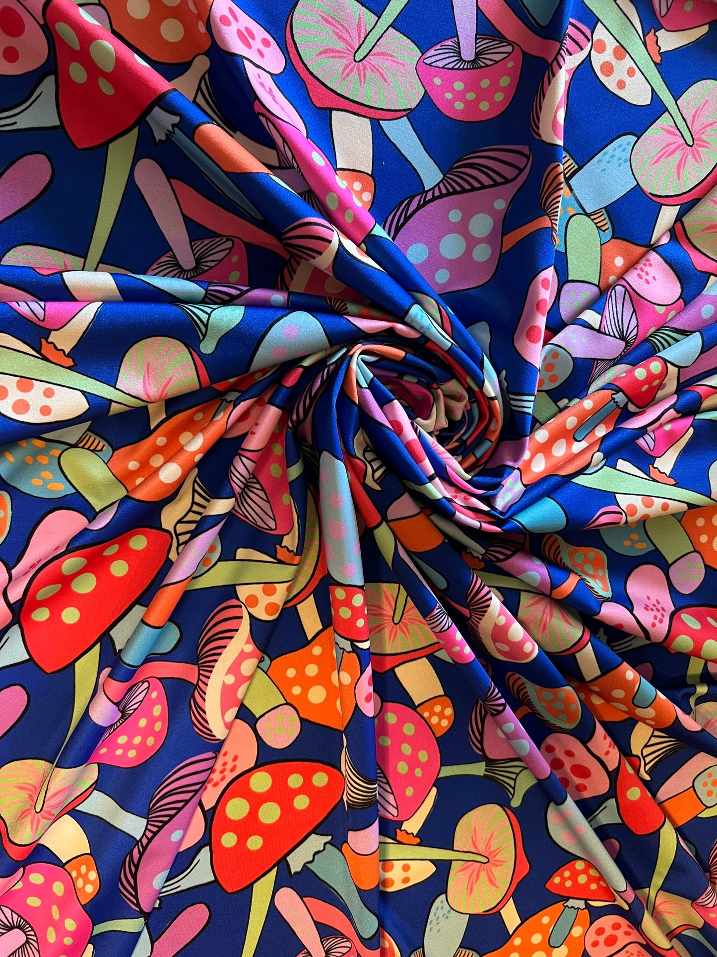 Mushrooms in wonderland design Sapphire/Multicolor print on best quality of nylon spandex 4-way stretch 58/60” Sold by the YD. Ships Worldwi