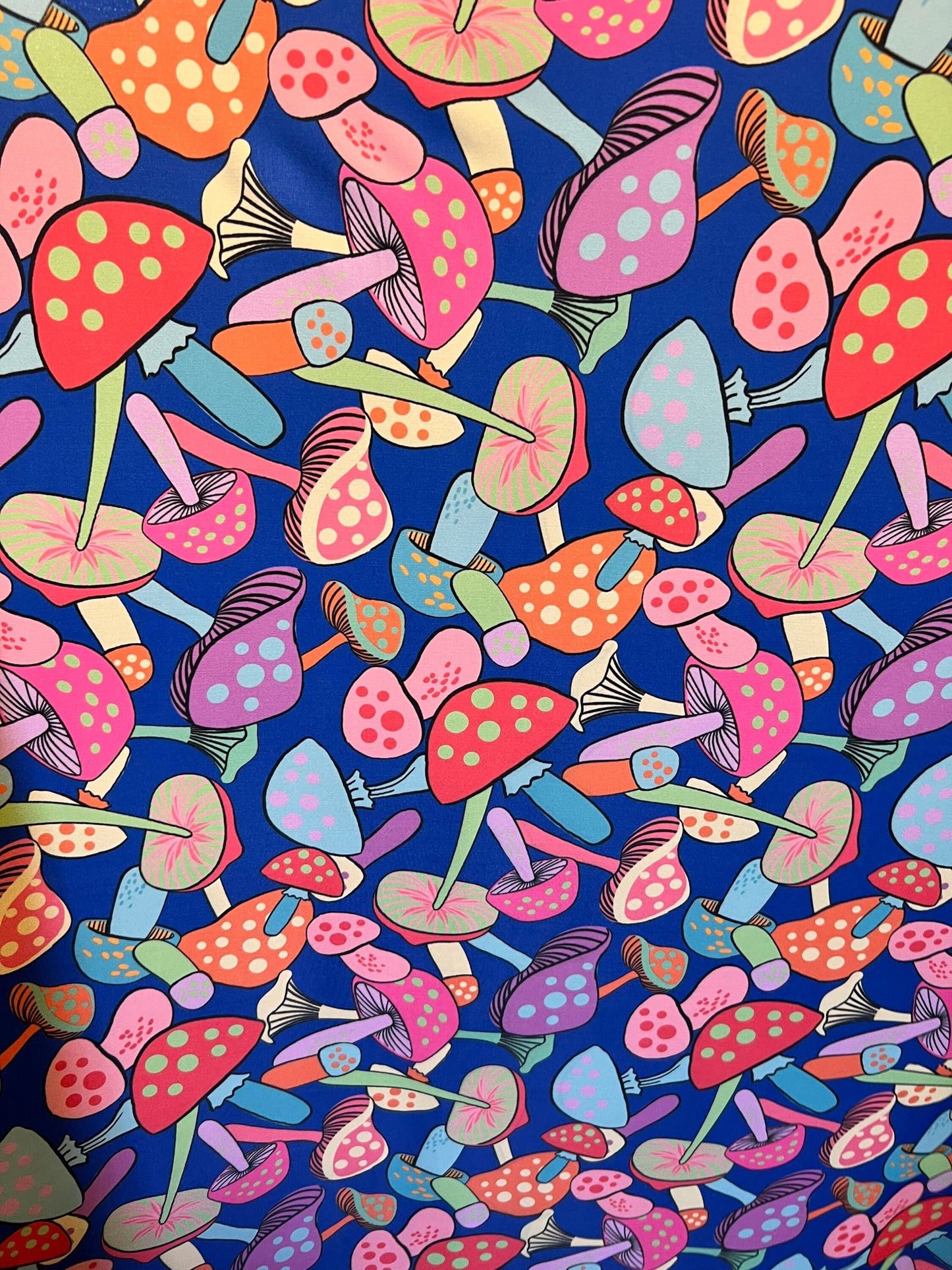 Mushrooms in wonderland design Sapphire/Multicolor print on best quality of nylon spandex 4-way stretch 58/60” Sold by the YD. Ships Worldwi