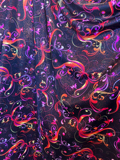 New abstract swirl design black multicolor best quality of nylon spandex with foil 4-way stretch 58/60” Sold bu the YD. Ships worldwide