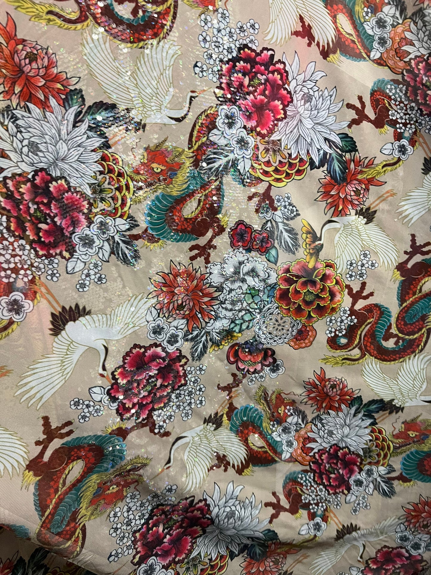 New Exotic Dragon design Nude/Multicolor print on power mesh 4-way stretch 58/60” Sold by the YD. Ships Worldwide from Los Angeles Californ