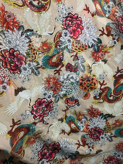 New Exotic Dragon design Nude/Multicolor print on power mesh 4-way stretch 58/60” Sold by the YD. Ships Worldwide from Los Angeles Californ