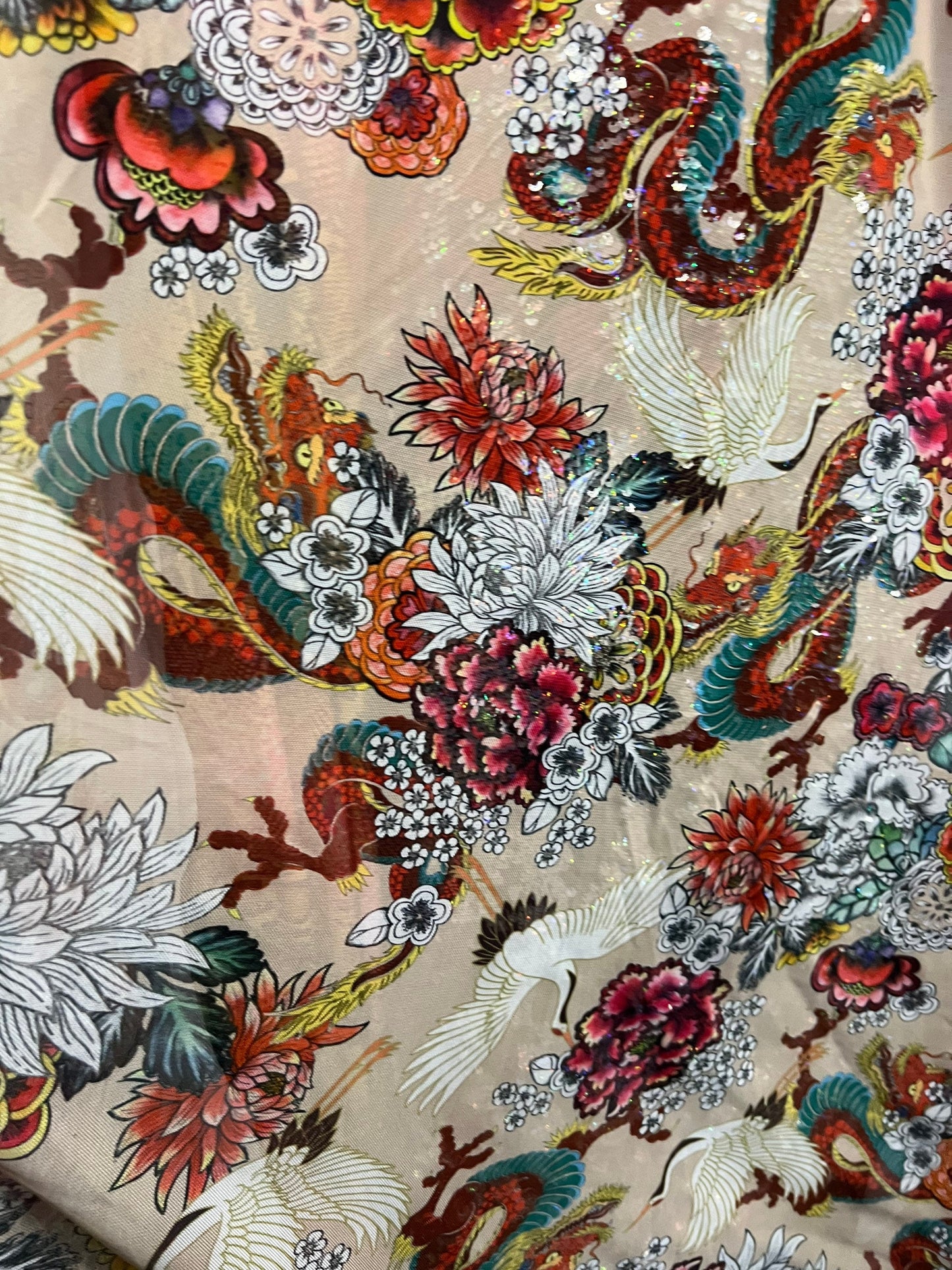New Exotic Dragon design Nude/Multicolor print on power mesh 4-way stretch 58/60” Sold by the YD. Ships Worldwide from Los Angeles Californ