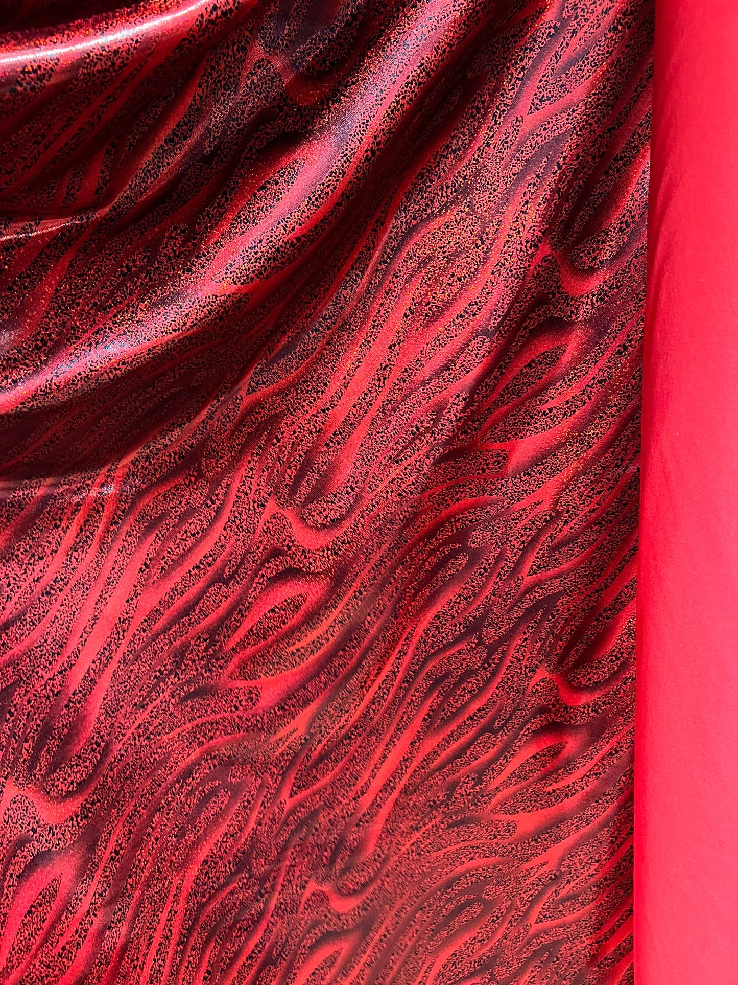 Zebra design exotic abstract hologram foggy foil on best quality of metallic Nylon spandex 4-way stretch 58/60” Sold by the YD.