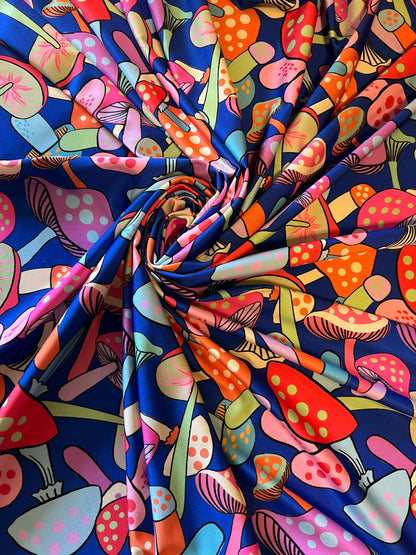 Mushrooms in wonderland design Sapphire/Multicolor print on best quality of nylon spandex 4-way stretch 58/60” Sold by the YD. Ships Worldwi