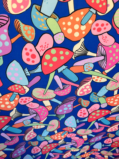 Mushrooms in wonderland design Sapphire/Multicolor print on best quality of nylon spandex 4-way stretch 58/60” Sold by the YD. Ships Worldwi