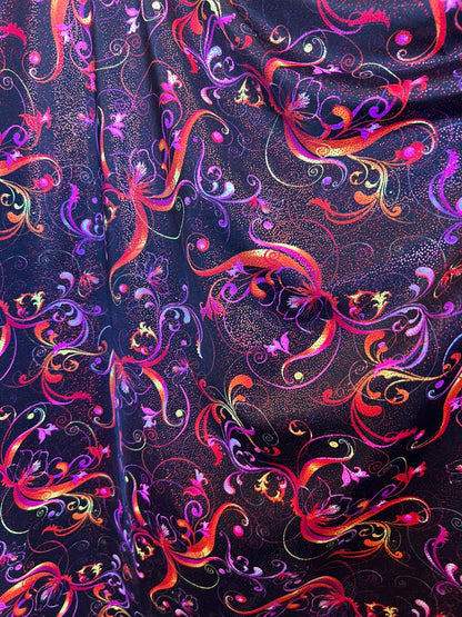 New abstract swirl design black multicolor best quality of nylon spandex with foil 4-way stretch 58/60” Sold bu the YD. Ships worldwide